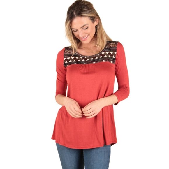 P. S KATE 3/4 Sleeve Aztec Print Rust Colored Shirt P547 - Picture 3 of 9
